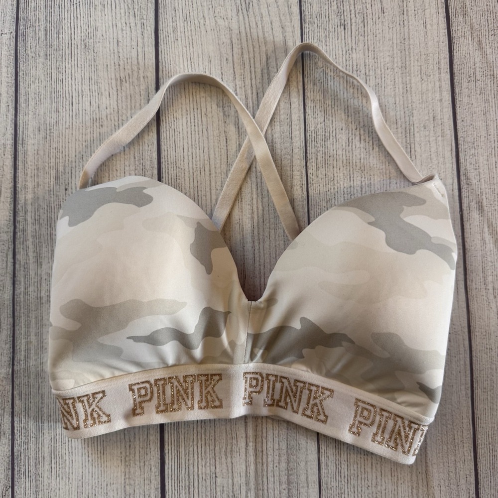 PINK Victoria's Secret Women Bra Size 32DD White Camouflage T Shirt Wireless